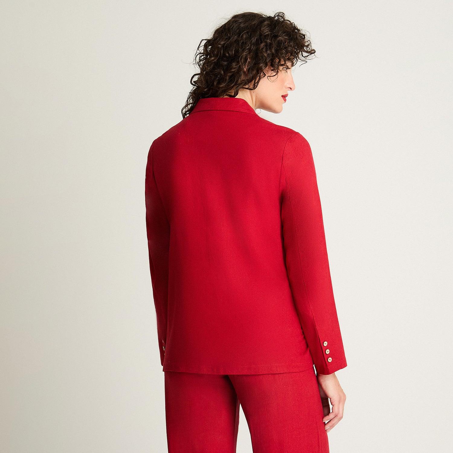 BLAZER MANGA LARGA LINO MUJER CURVI ROJO BOTONES MADERA - 2
