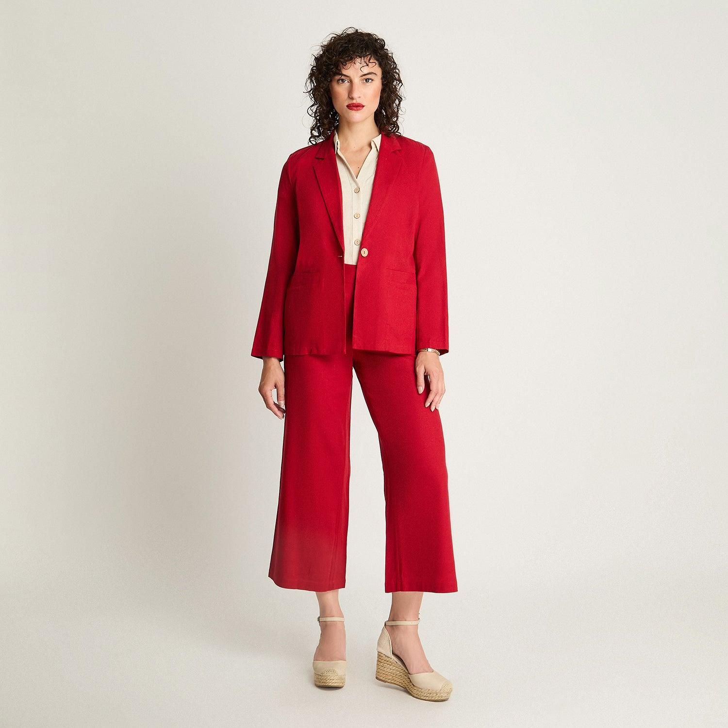 BLAZER MANGA LARGA LINO MUJER CURVI ROJO BOTONES MADERA - 4