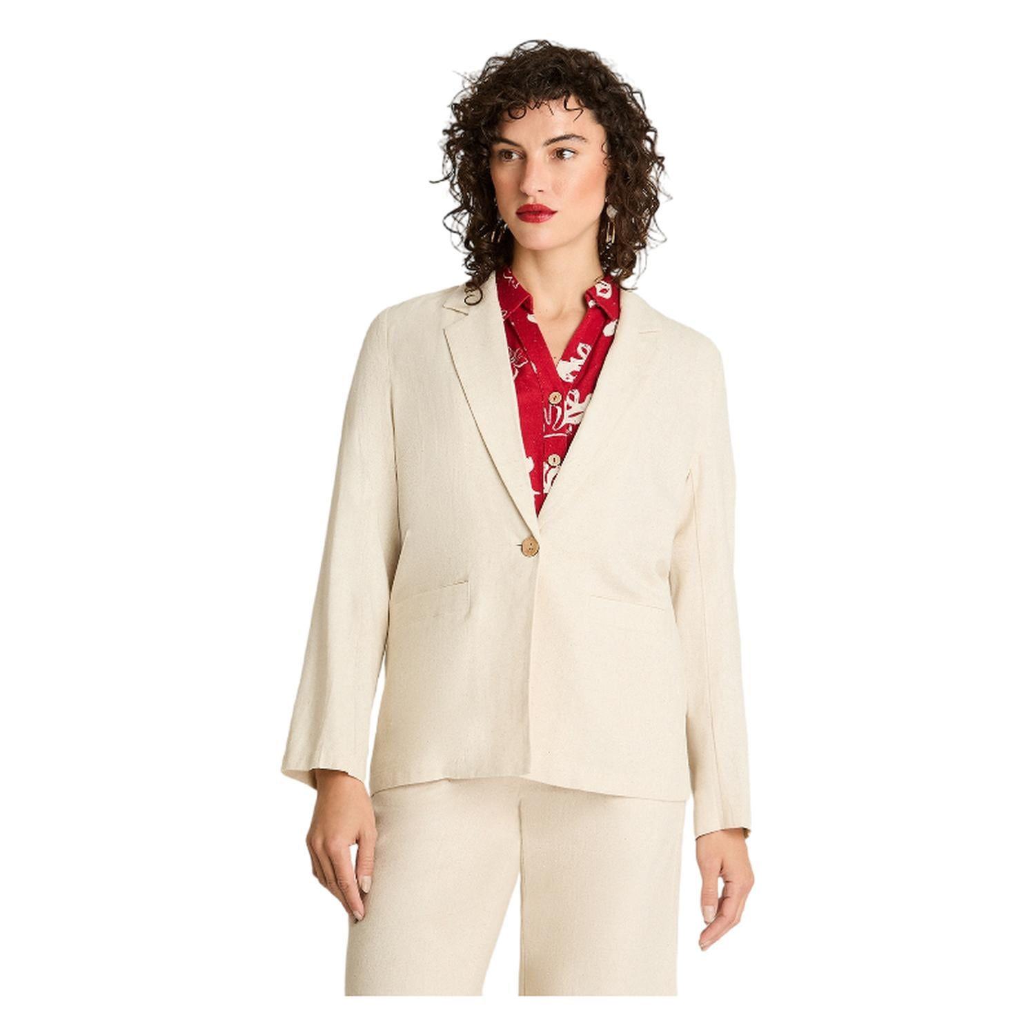 BLAZER MANGA LARGA LINO MUJER CURVI BEIGE BOTONES MADERA - 1