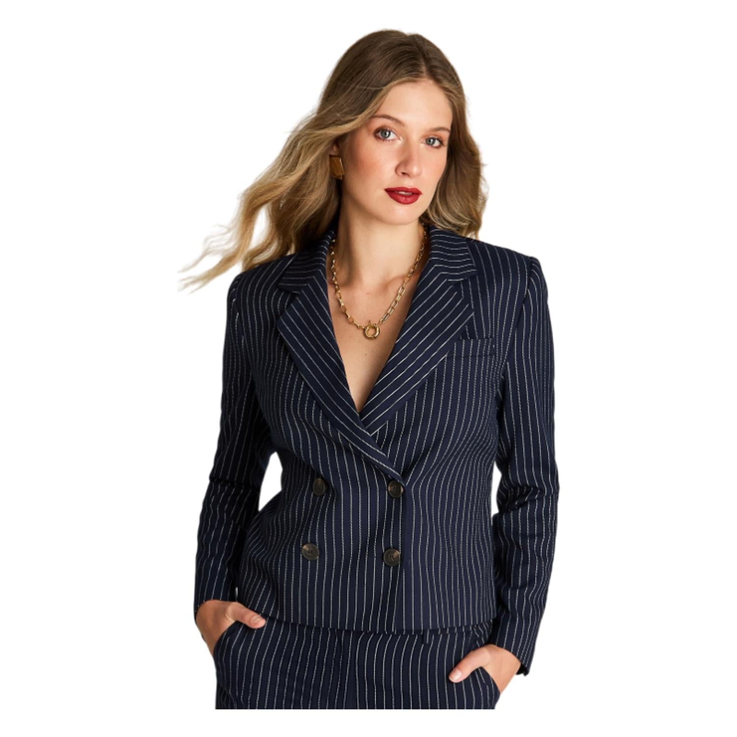 BLAZER MANGA LARGA MUJER LORENZO DI PONTTI AZUL CROP CRUZADO CON LISTADO - 1