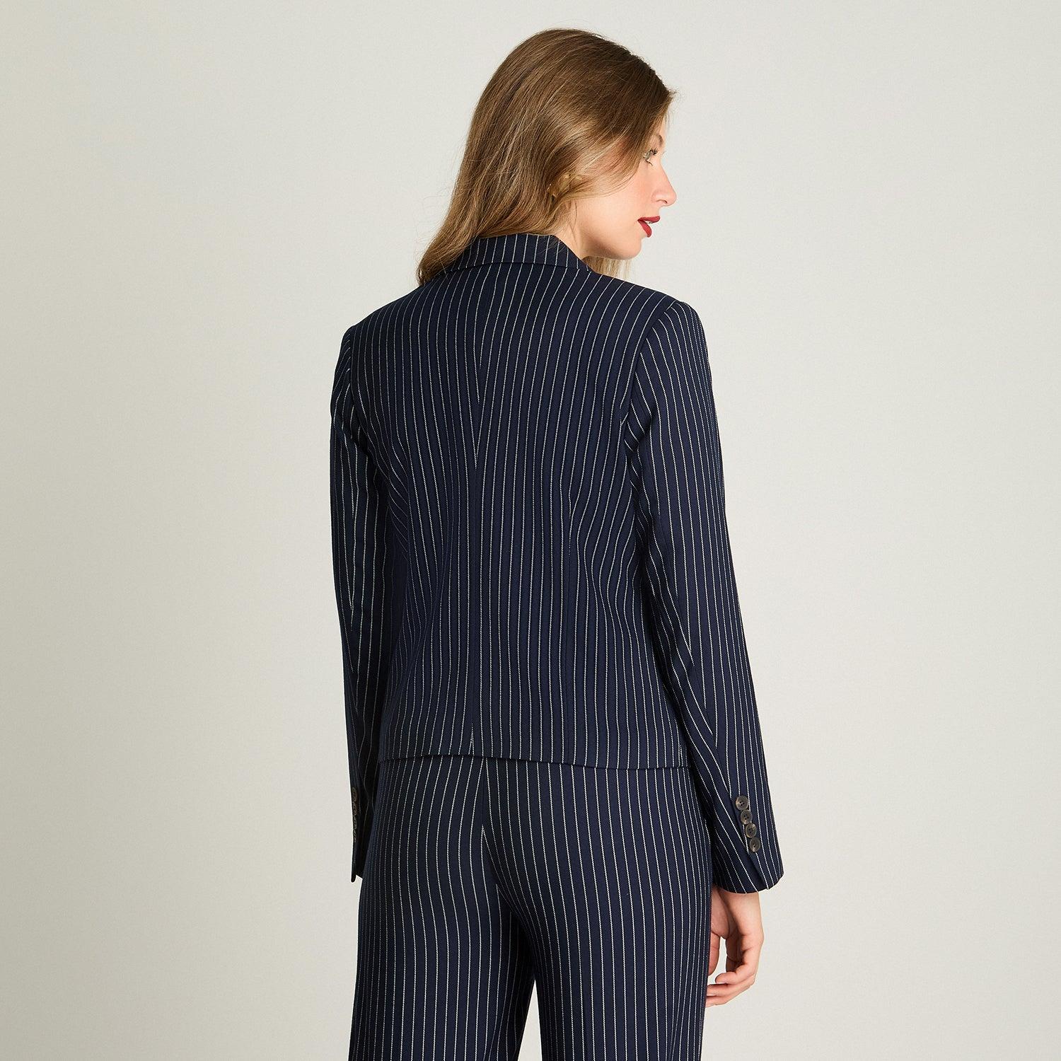 BLAZER MANGA LARGA MUJER LORENZO DI PONTTI AZUL CROP CRUZADO CON LISTADO - 2
