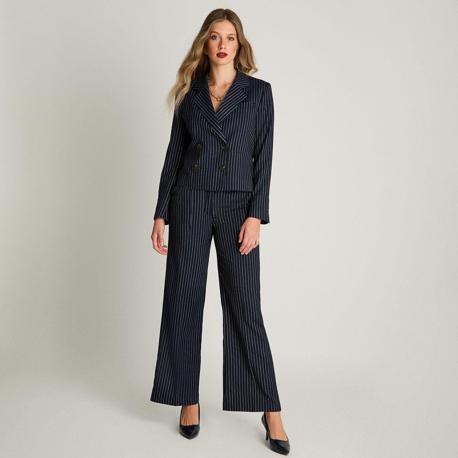 BLAZER MANGA LARGA MUJER LORENZO DI PONTTI AZUL CROP CRUZADO CON LISTADO - 4