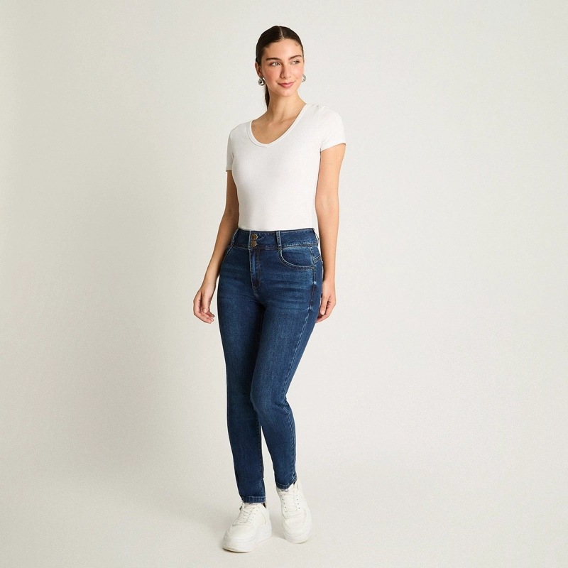 JEAN ALGODÓN MUJER WEEKEND AZUL SLIM 5 BOLSILLOS PRETINA DOS BOTONES PUSH UP - 4