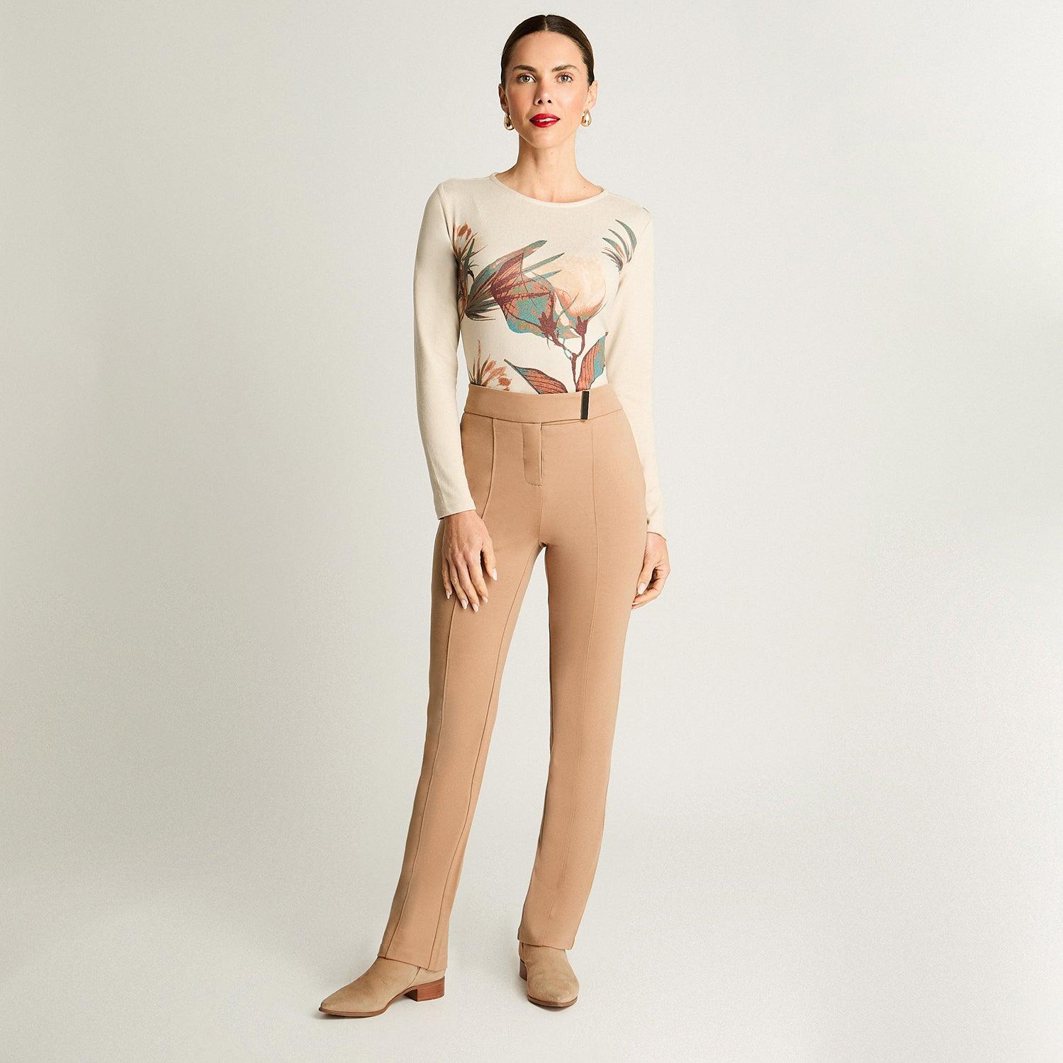 PANTALÓN MUJER LORENZO DI PONTTI CAMEL RECTO CON DETALLE PRETINA - 4