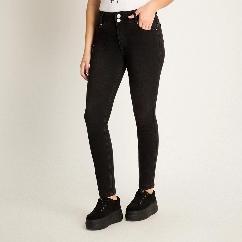 JEAN ALGODÓN MUJER WEEKEND NEGRO SLIM 5 BOLSILLOS PRETINA DOS BOTONES PUSH UP - 1