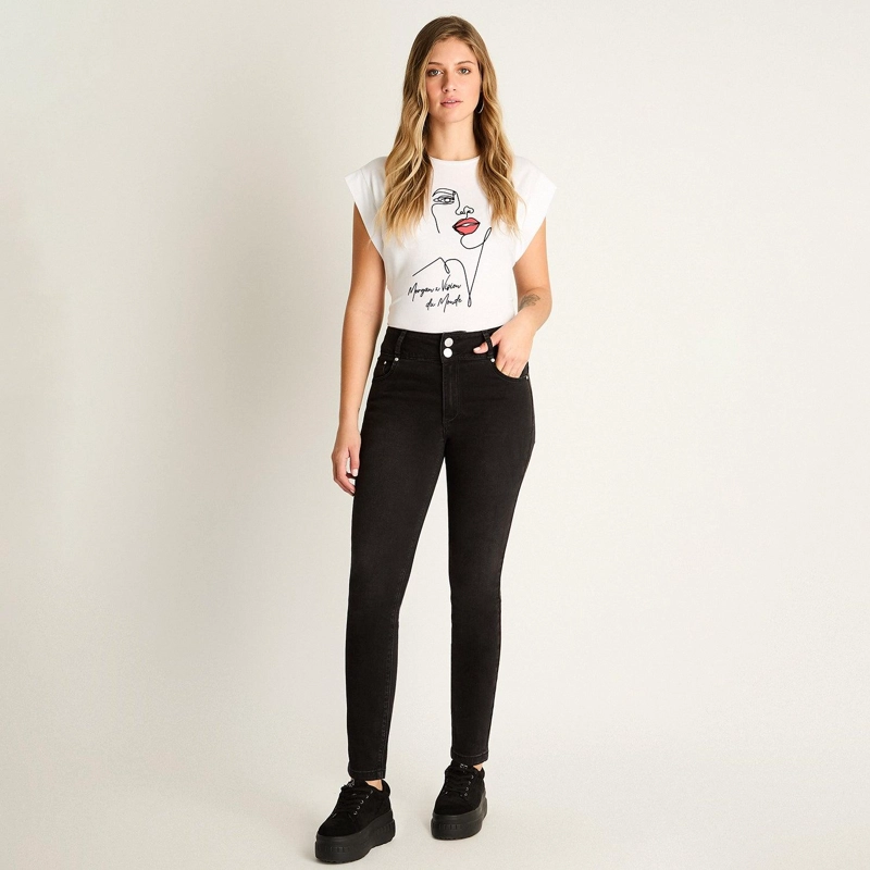 JEAN ALGODÓN MUJER WEEKEND NEGRO SLIM 5 BOLSILLOS PRETINA DOS BOTONES PUSH UP - 4