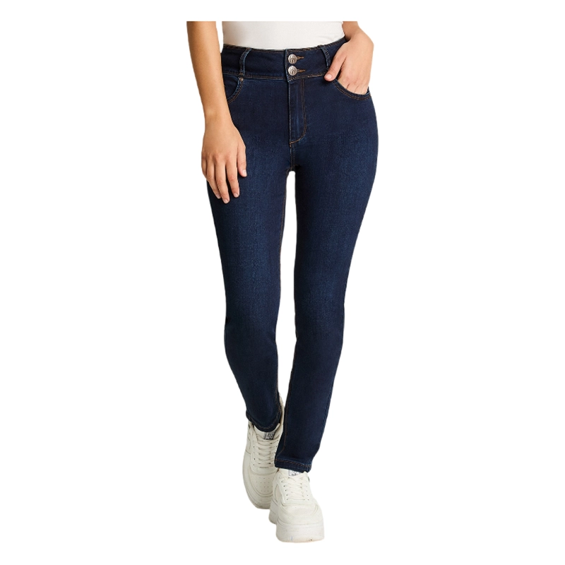JEANS SLIM 5 BOLSILLOS PRETINA DOS BOTONES PUSH UP AZUL MARINO - 1