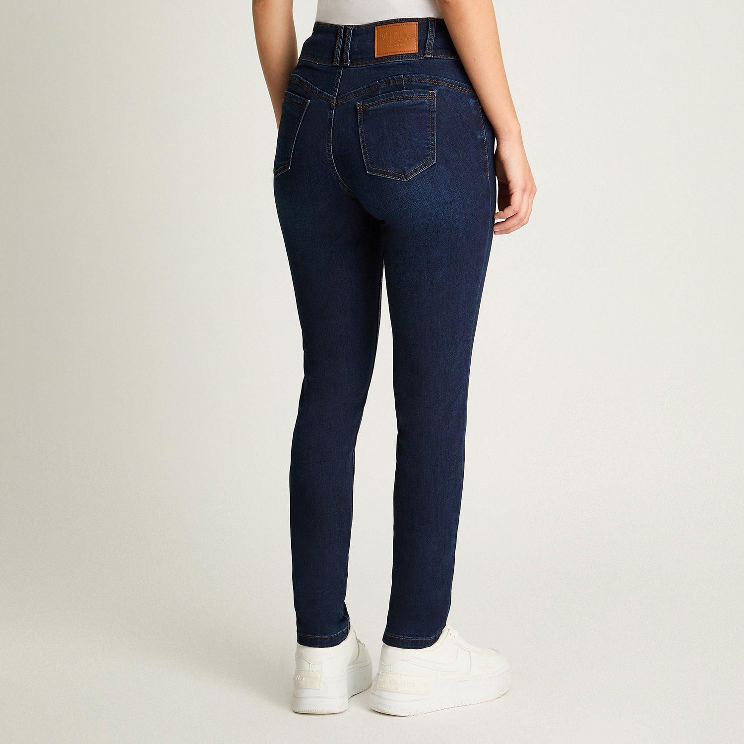 JEANS SLIM 5 BOLSILLOS PRETINA DOS BOTONES PUSH UP AZUL MARINO - 2