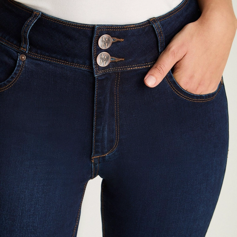 JEANS SLIM 5 BOLSILLOS PRETINA DOS BOTONES PUSH UP AZUL MARINO - 3