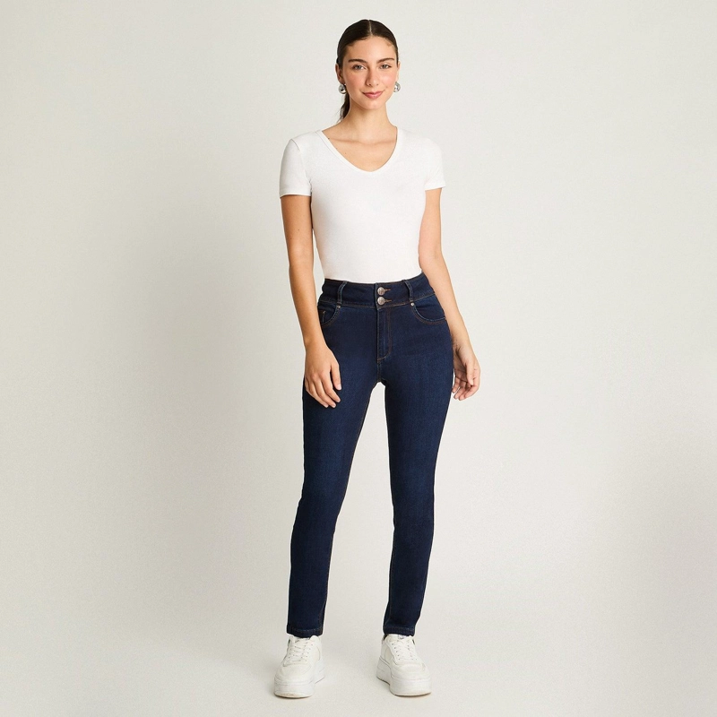 JEANS SLIM 5 BOLSILLOS PRETINA DOS BOTONES PUSH UP AZUL MARINO - 4