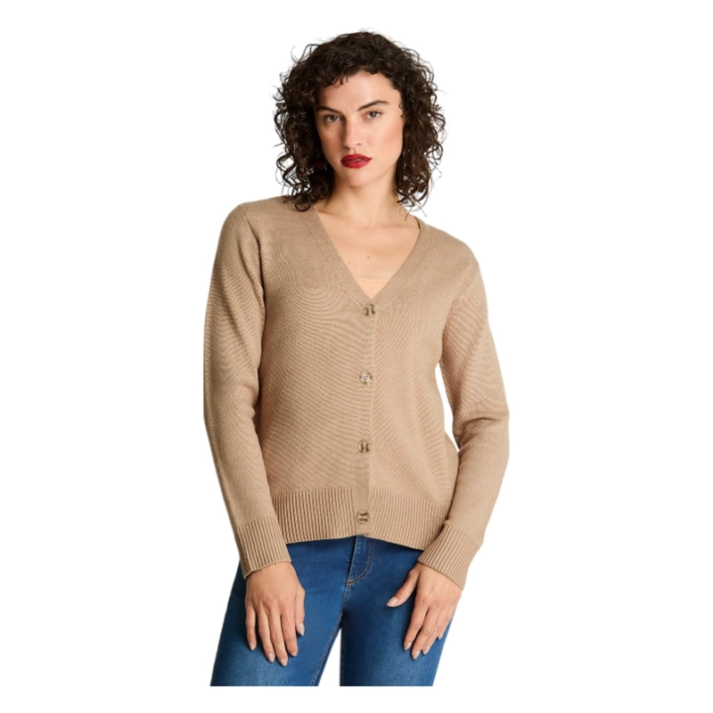 CARDIGAN CUELLO V BASICO CAMEL - 1
