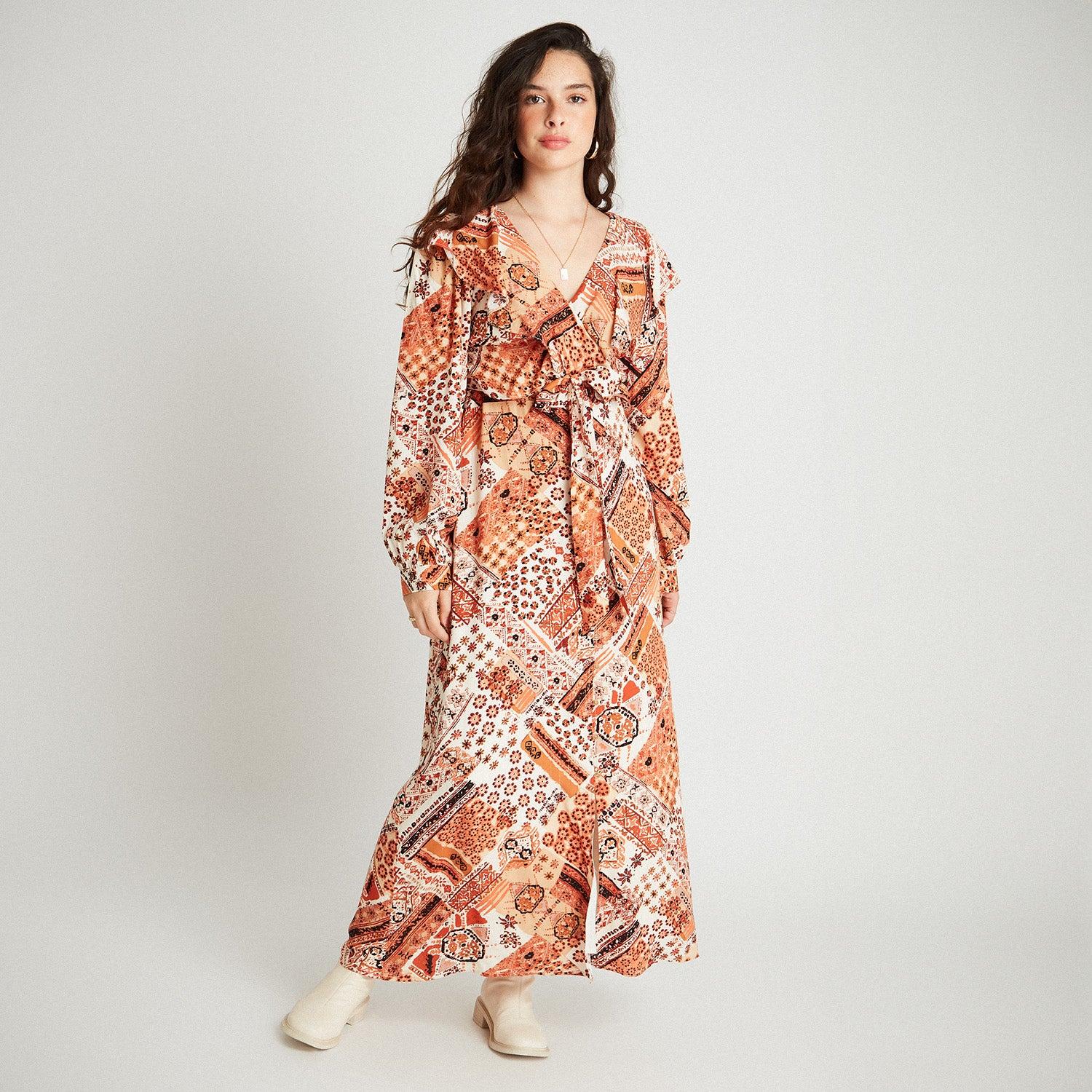 MAXI VESTIDO ESTAMPADO CON LUREX TERRACOTA - 4