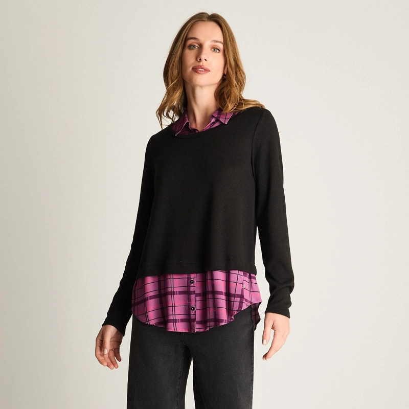 BLUSA FABRIC MIX ESCOCESA NEGRO S