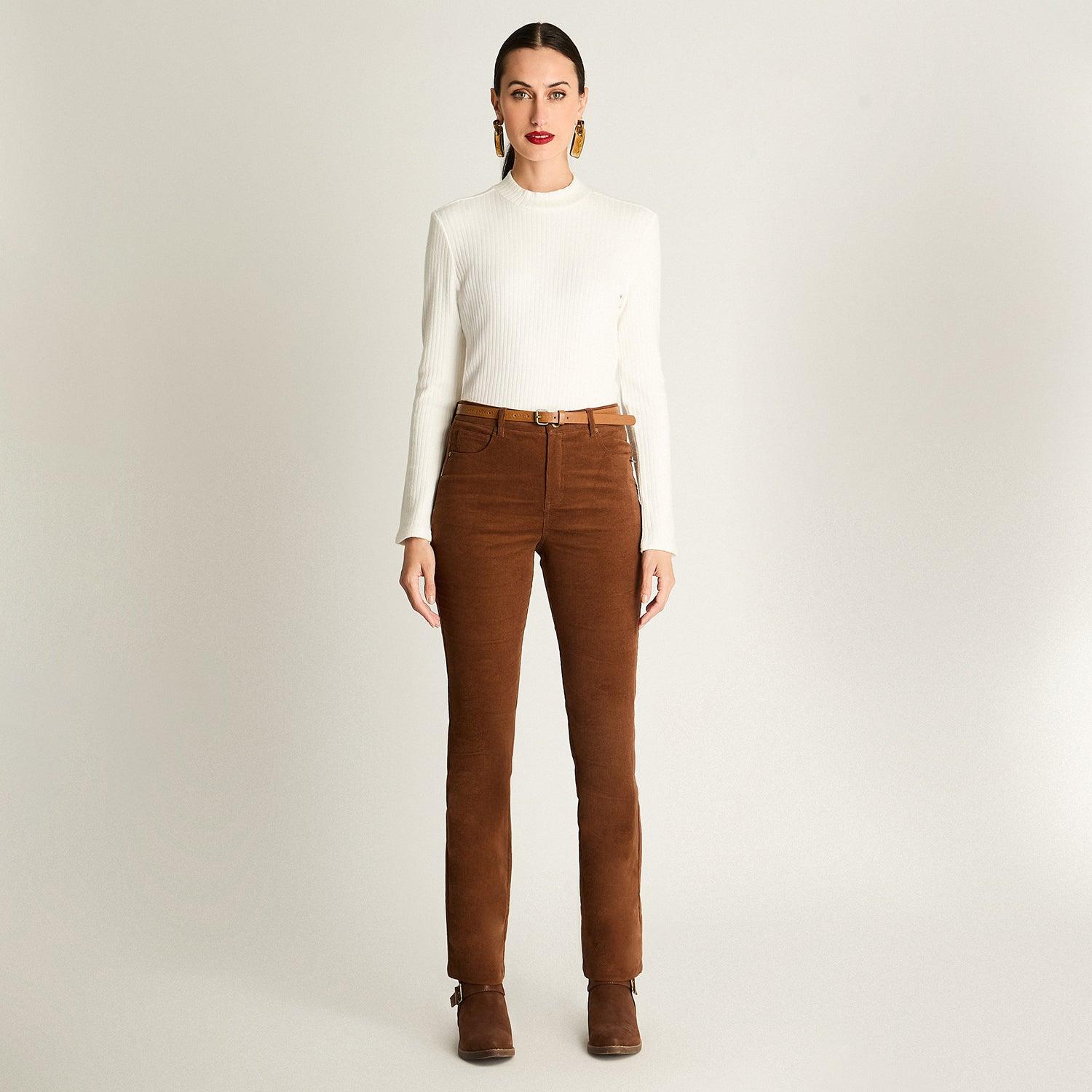 PANTALON DE COTELE 5 BOLSILLOS CON CINTURON CAFE - 4