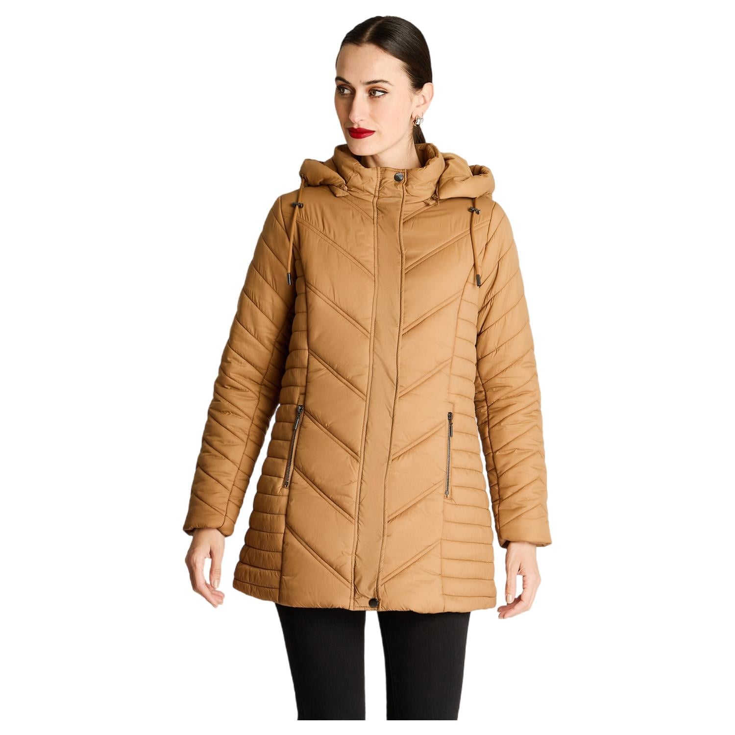 PARKA LARGA CON CIERRE FRONTAL Y GORRO CAMEL - 1