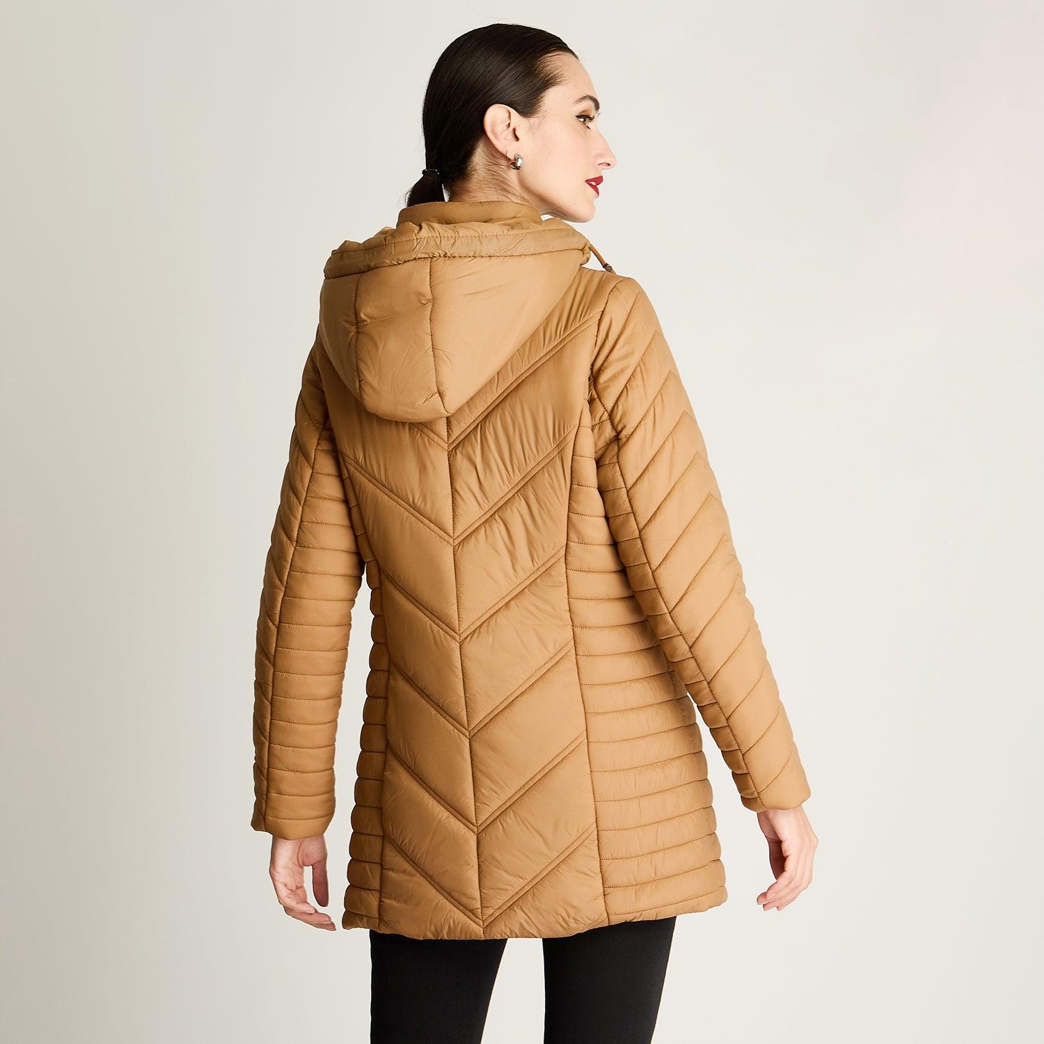 PARKA LARGA CON CIERRE FRONTAL Y GORRO CAMEL - 2