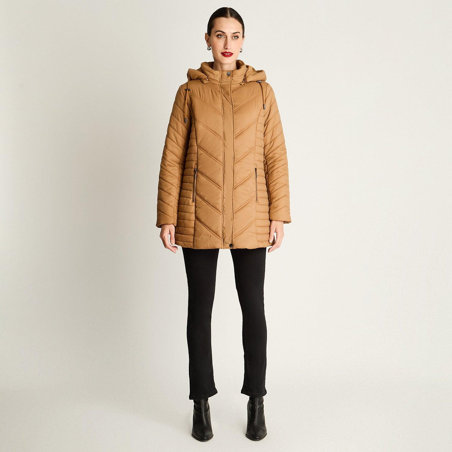 PARKA LARGA CON CIERRE FRONTAL Y GORRO CAMEL - 4