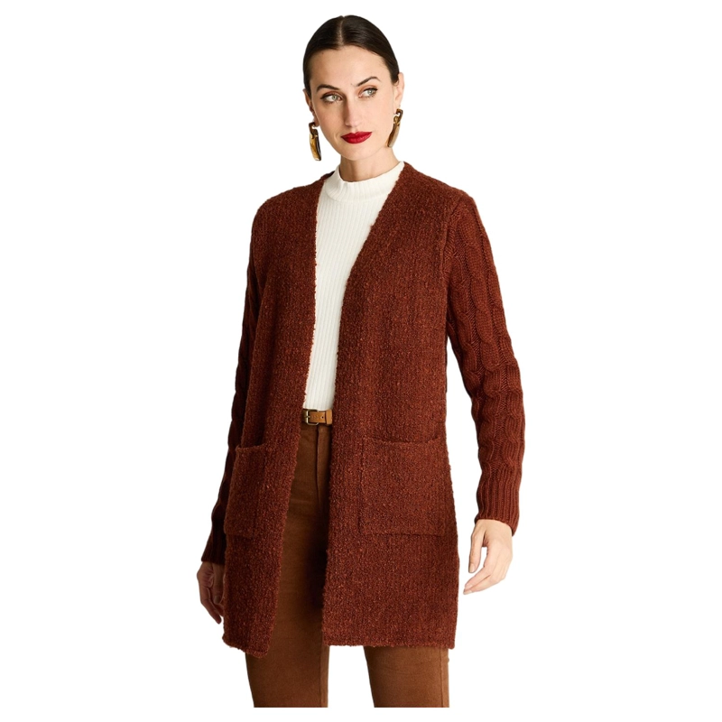 TAPADO LARGO TERRACOTA CON TEXTURA BOUCLE Y MANGAS TRENZADAS - 1