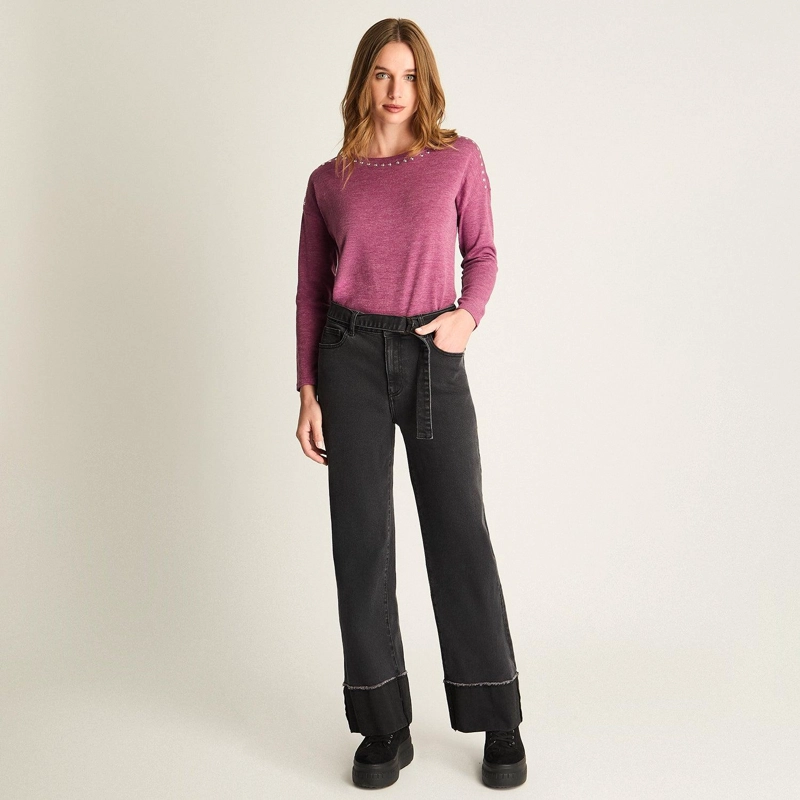 PANTALON WIDE LEG CON CINTURON GRIS OSCURO - 4