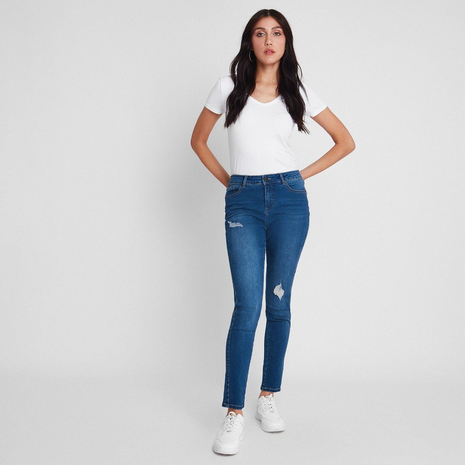 JEANS SKINNY AZUL 5 BOLSILLOS CON ROTURAS - 4