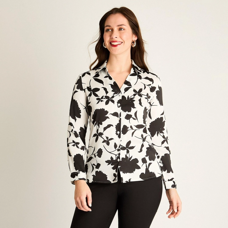 BLUSA NEGRA FLORAL CON ESTILO CAMISERO - 1