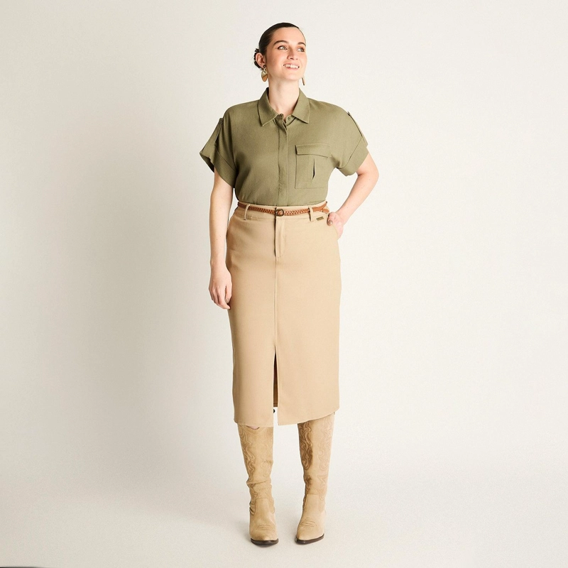 FALDA BEIGE MIDI CON CINTURON - 4