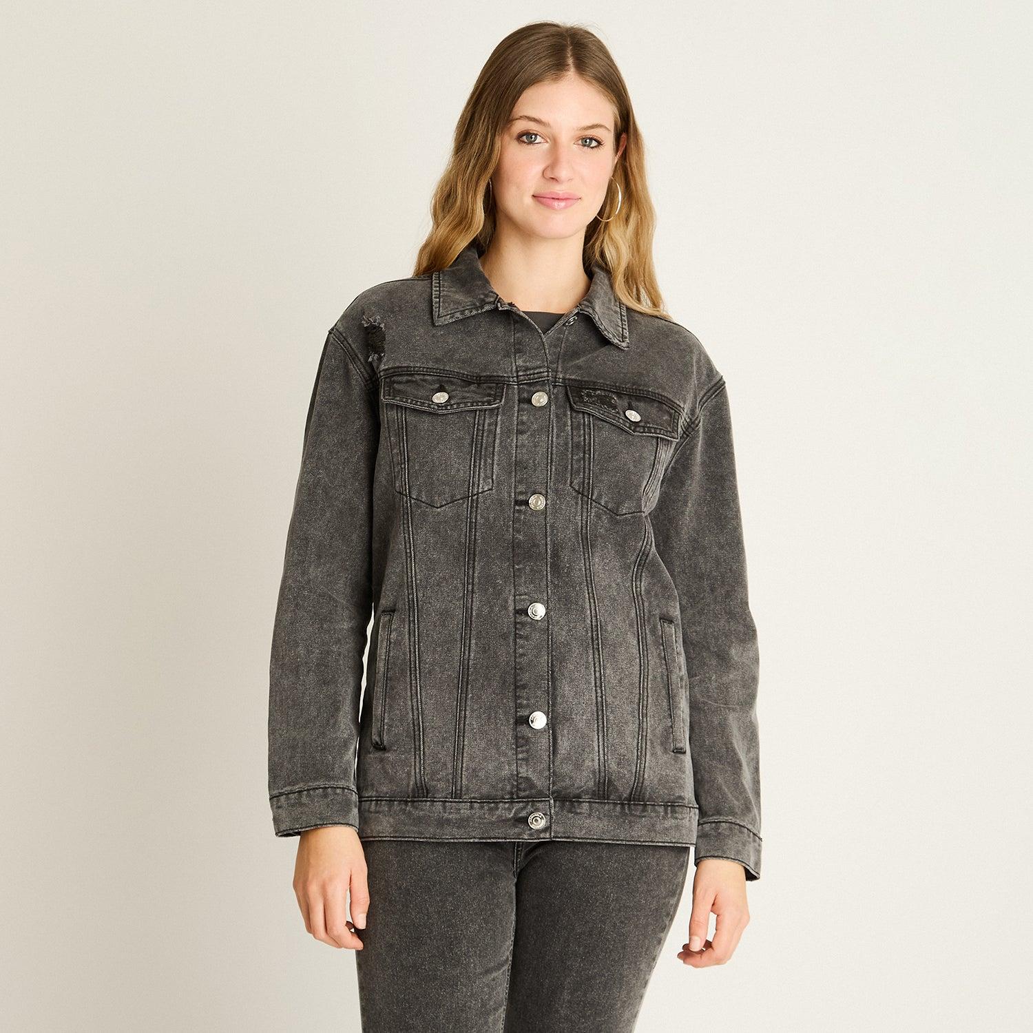 CASACA MEZCLILLA GRIS OSCURO ESTILO OVERSIZE CLASICA - 1