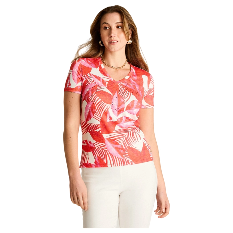 POLERA ROJA ESTAMPADO TROPICAL ELEGANTE - 1