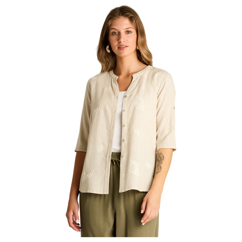 BLUSA BEIGE MANGA 3/4 NO ELASTICADO CALCE NORMAL - 1