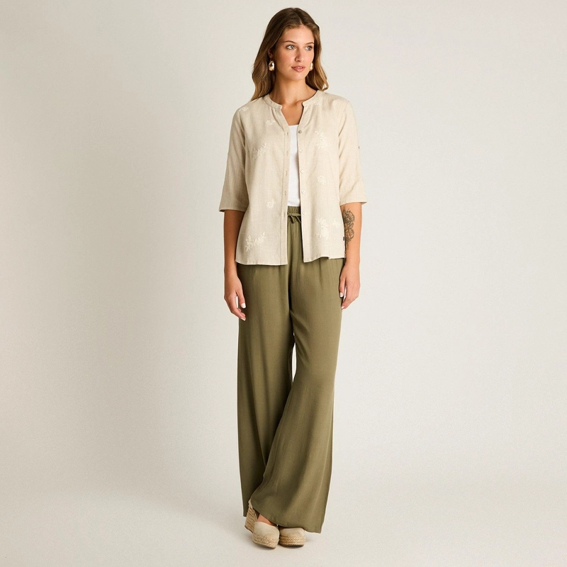 BLUSA BEIGE MANGA 3/4 NO ELASTICADO CALCE NORMAL - 4