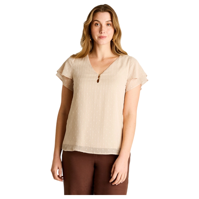 BLUSA BEIGE MANGA CORTA CON DETALLE EN ESCOTE - 1