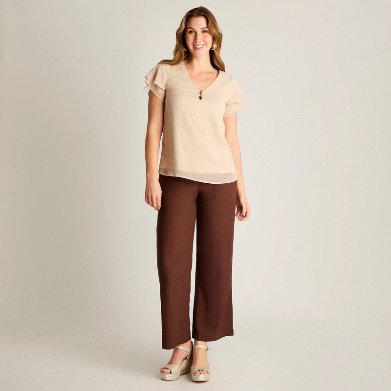 BLUSA BEIGE MANGA CORTA CON DETALLE EN ESCOTE - 4