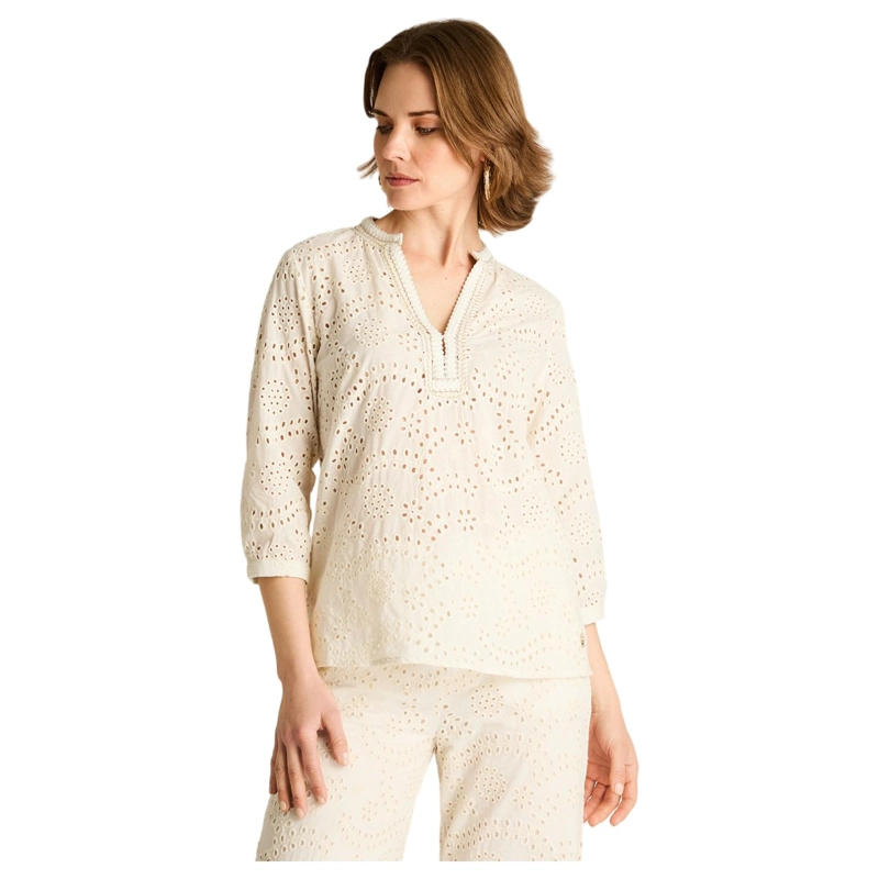 BLUSA CRUDO MANGA 3/4 CON BRODERIE Y ESCOTE BORDADO - 1