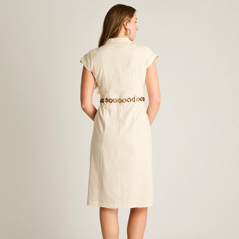VESTIDO CORTO LINO ARENA CON BOLSILLOS Y CINTURON - 2