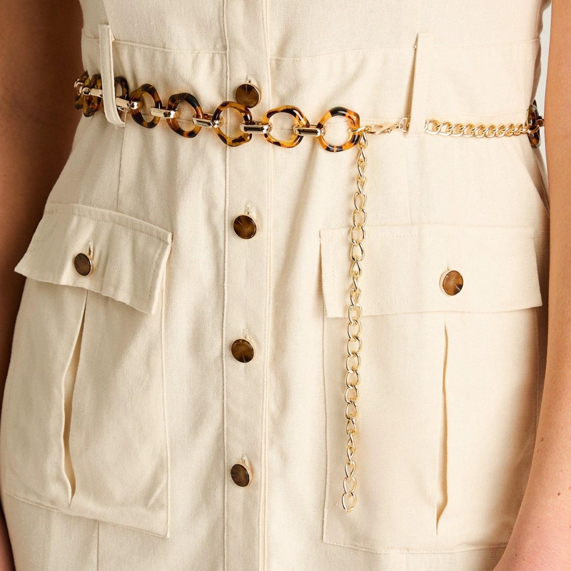VESTIDO CORTO LINO ARENA CON BOLSILLOS Y CINTURON - 3