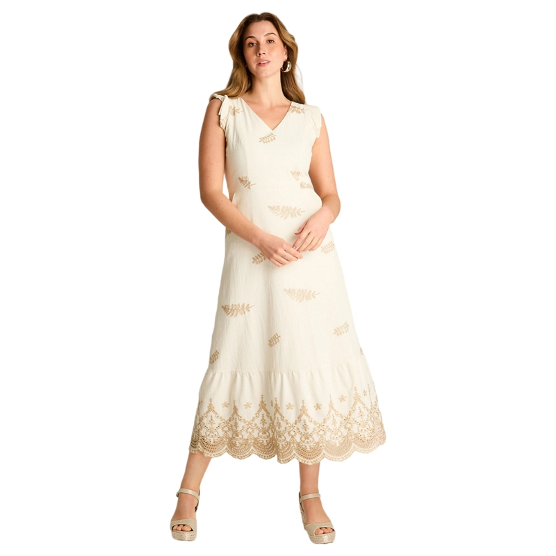 VESTIDO MIDI BEIGE CON BRODERIE Y FORRO - 1