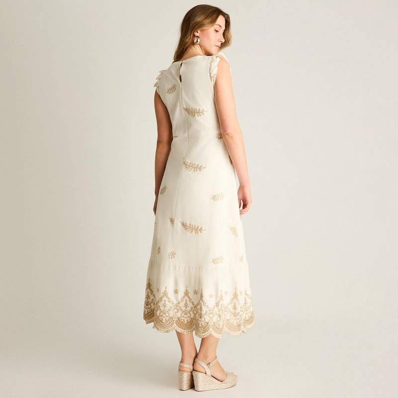 VESTIDO MIDI BEIGE CON BRODERIE Y FORRO - 2