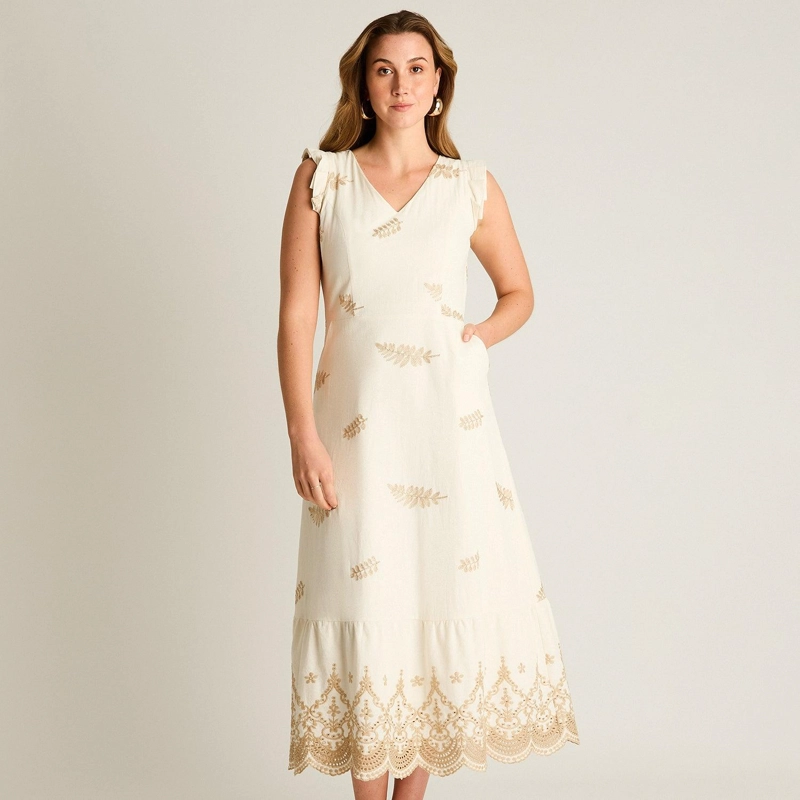 VESTIDO MIDI BEIGE CON BRODERIE Y FORRO - 4