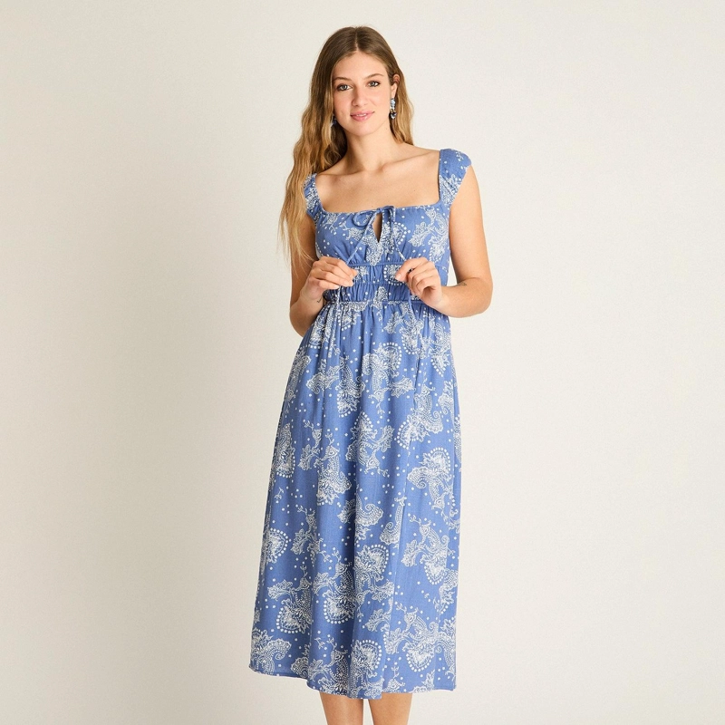 VESTIDO MIDI AZUL ESTAMPADO MEDITERRANEO S