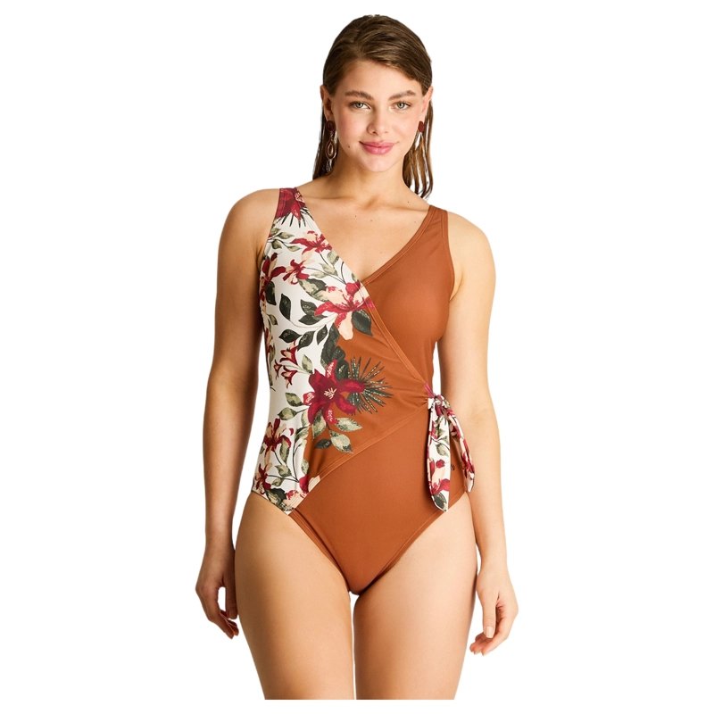 TRAJE DE BAÑO ENTERO TERRACOTA CON ESTAMPADO FLORAL Y NUDO LATERAL - 1
