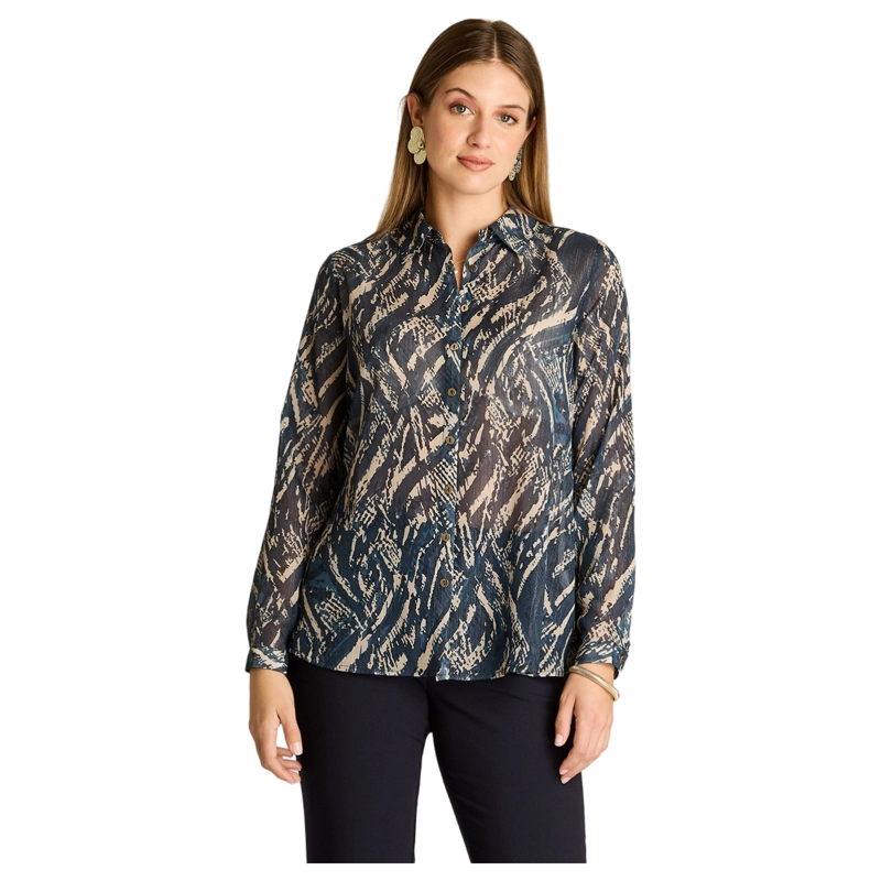 BLUSA CAMISERA AZUL ESTAMPADA CON LUREX S