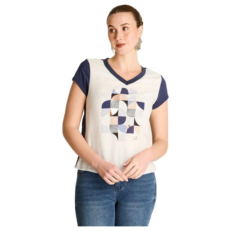 POLERA INDIGO MIX FABRIC CON PRINT FRONTAL Y CUELLO EN LUREX - 1