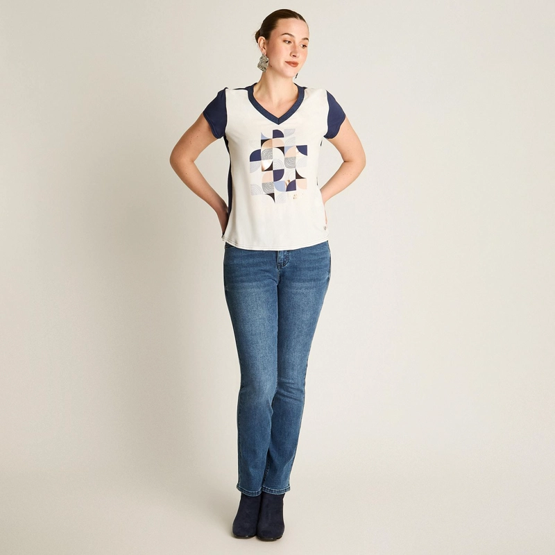 POLERA INDIGO MIX FABRIC CON PRINT FRONTAL Y CUELLO EN LUREX - 4