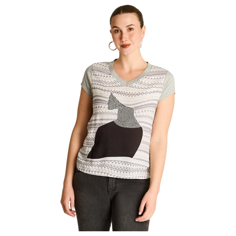 POLERA GRIS MIX FABRIC CON PRINT FRONTAL Y CUELLO CON LUREX - 1