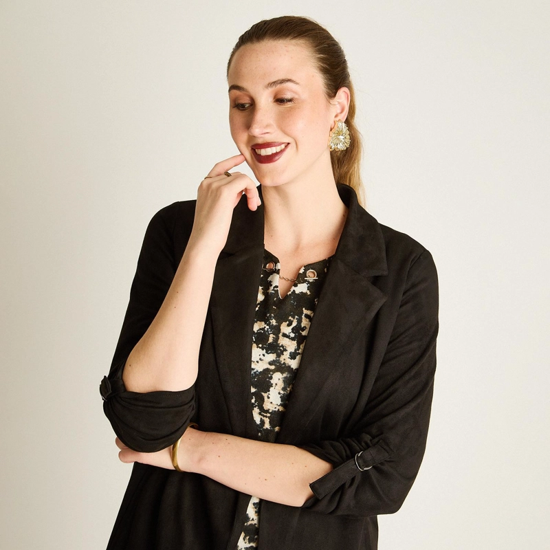CHAQUETA SUEDE MUJER MANGA ROLL UP CON BOLSILLOS NEGRA - 3