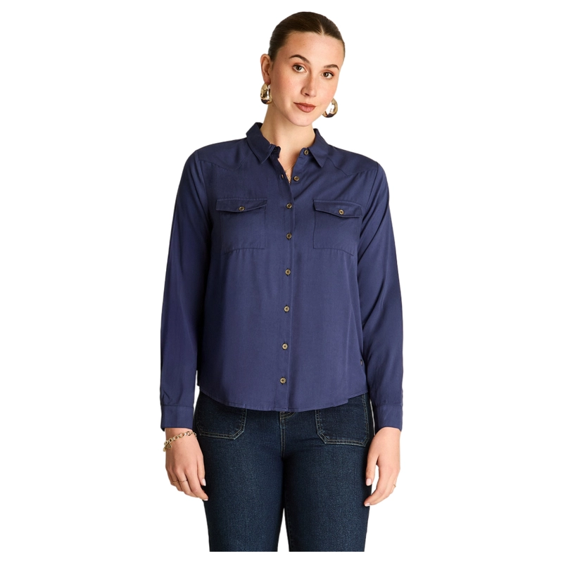 BLUSA CAMISERA AZUL MIX FABRIC CON ESPALDA ESTAMPADA - 1