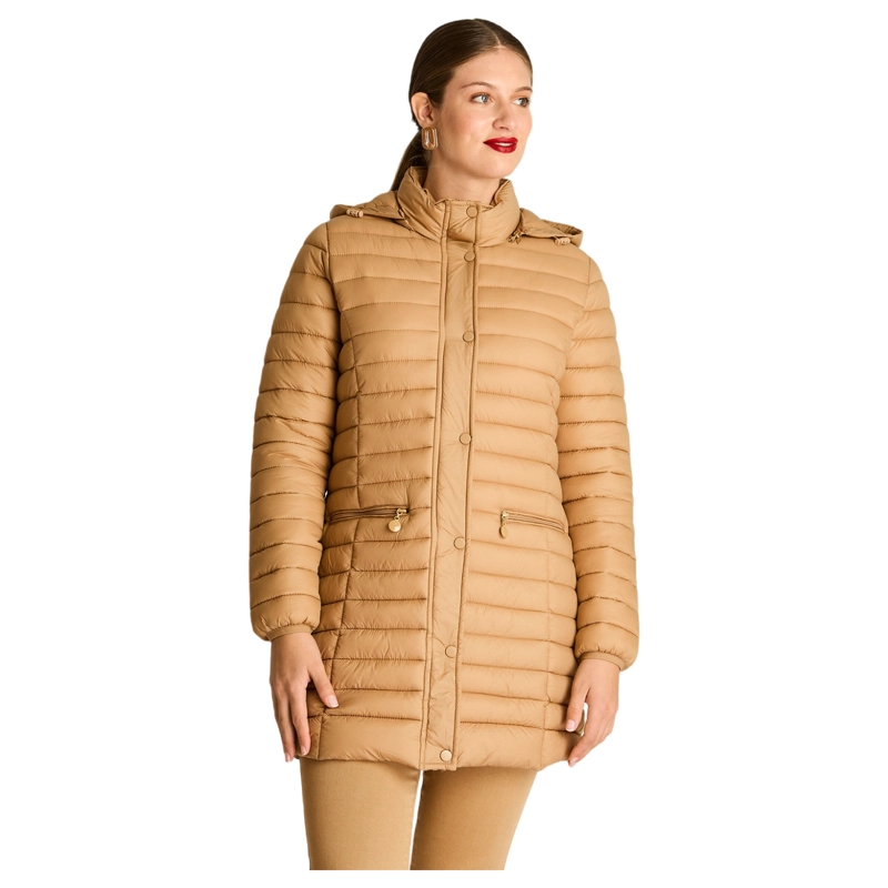 PARKA LARGA CAMEL CON DISEÑO QUILTED Y GORRO DESMONTABLE - 1
