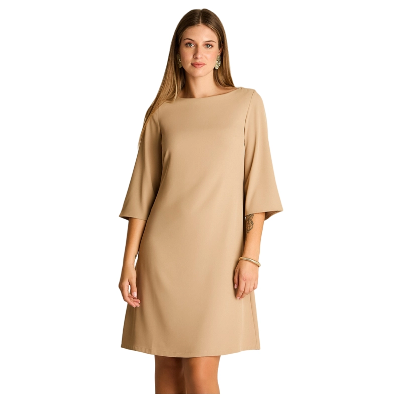VESTIDO MIDI CAMEL MANGA 3/4 CLASICO - 1