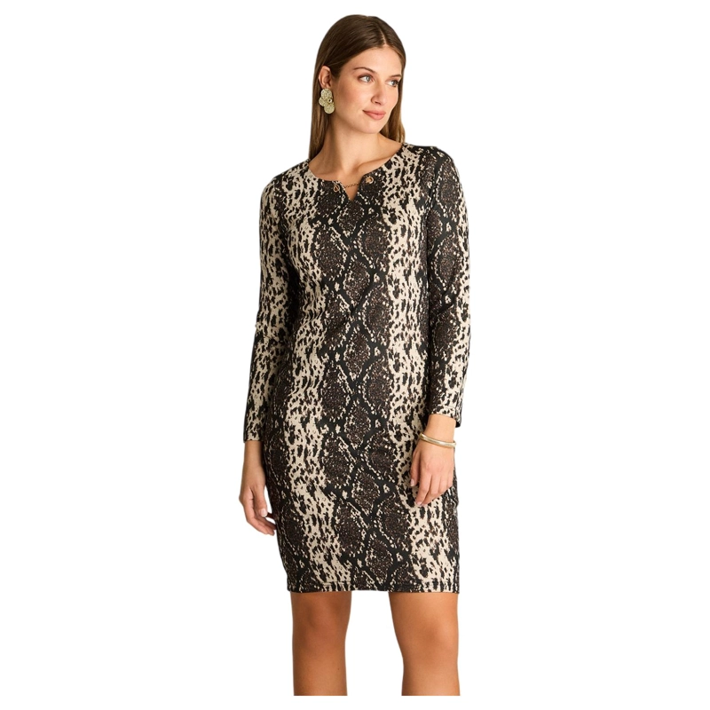 VESTIDO MIDI CAFE  DE LANILLA ESTAMPADO MANGA LARGA - 1