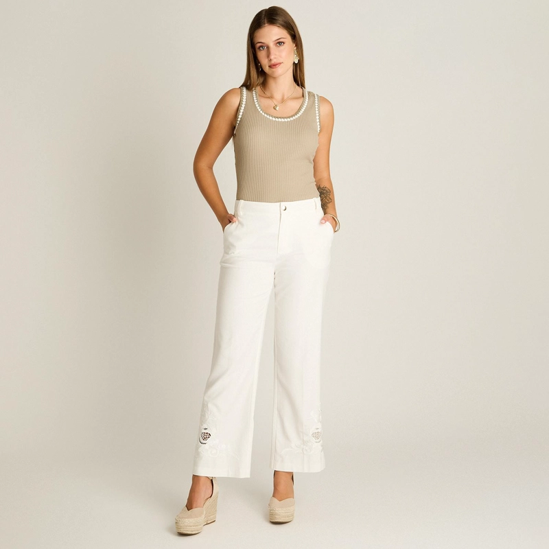 PANTALON PALAZZO CRUDO CON BORDADO EN BASTA - 4